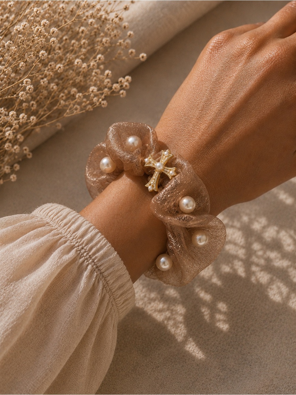 Pearl & Gold Cross Beige Mesh Scrunchie Bracelet